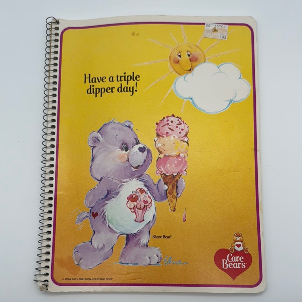 1985 Care Bears Mead Spiral Notebook featuring Share Bear holding an icecream